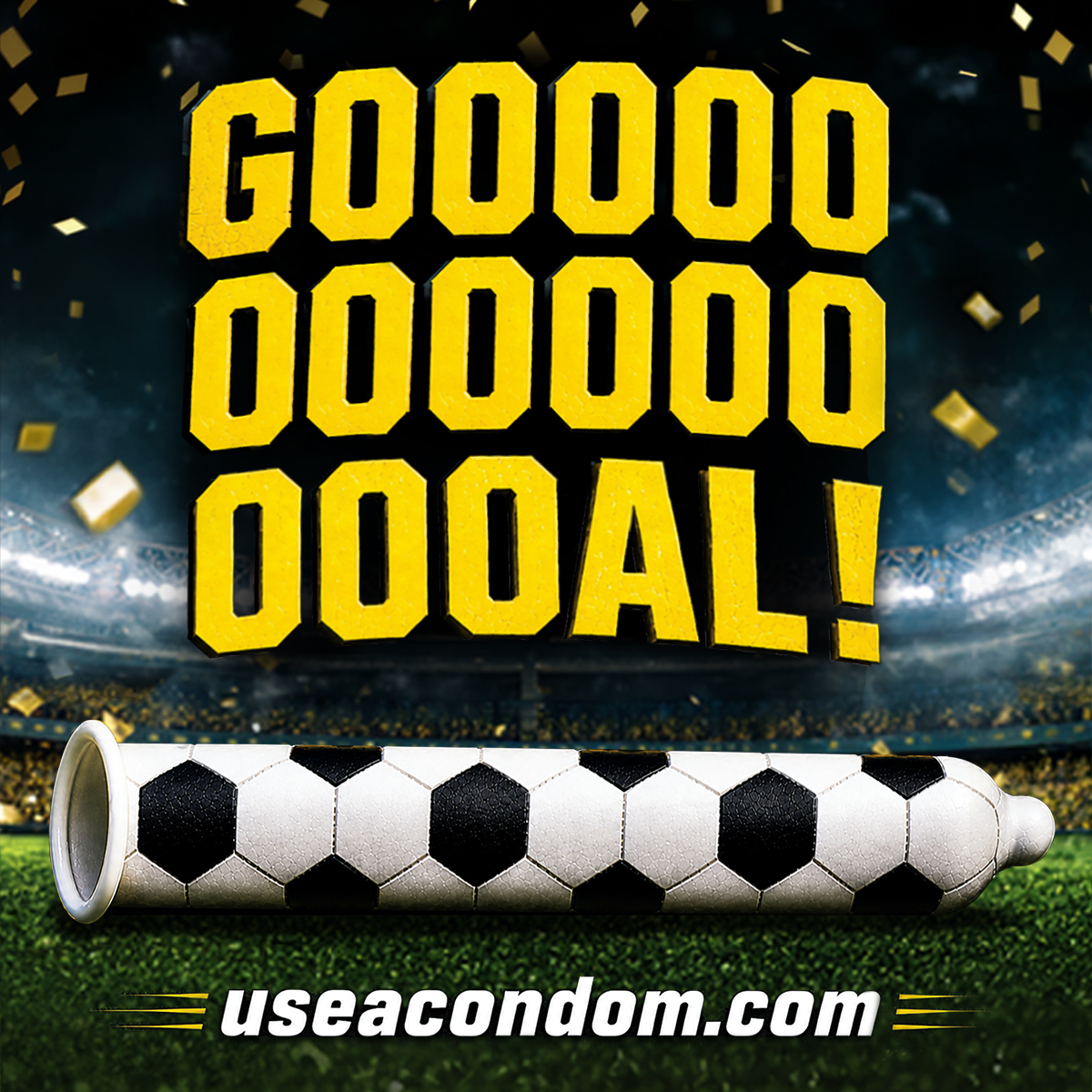 GOAL Soccer themed condom in a soccer field